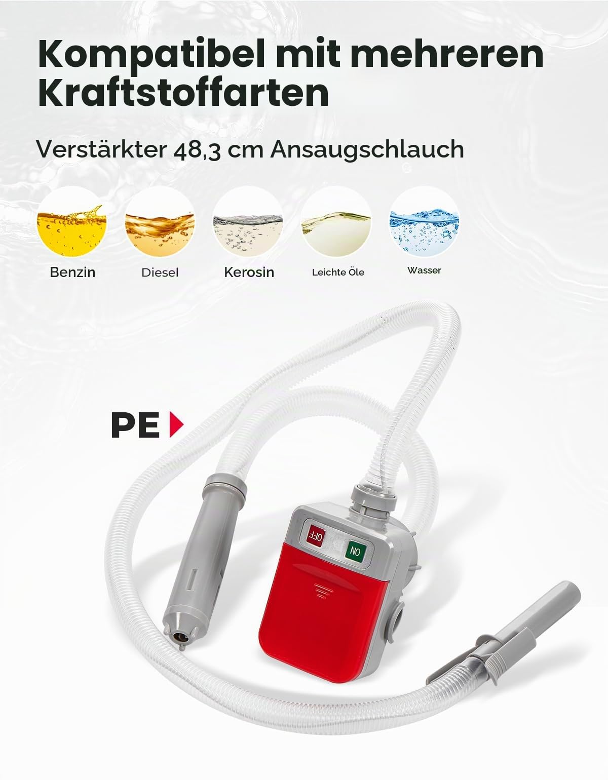 KEMIMOTO Elektrische Kraftstoffpumpe, Umfüllpumpe mit automatischer Abschaltsensor,Überlaufschutz, 2,4 GPM Schnellfluss, mit 3 Kanisteradaptern, 130m Schlauch für Benzin, Diesel, Öl