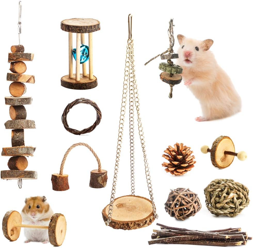 EMUST Hamster Chew Toys, Guinea Pig Toys, 12 Pack Natural Apple Wooden Pets Chinchilla Toys Rat Toys Accessories, Wooden Dumbells…