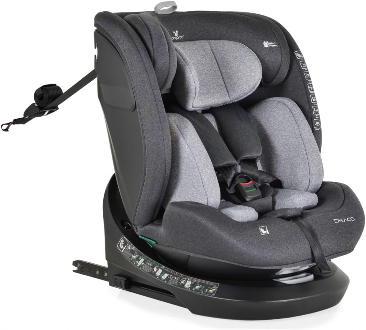 Side view of the Cangaroo Draco i-Size Car Seat with the Top Tether strap visible.
