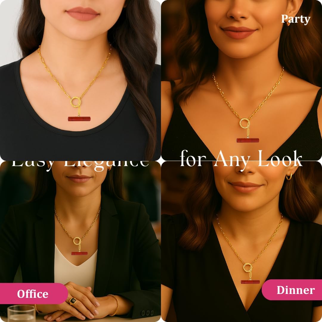 Gempires Gemstone Bar Pendant Necklace for Women | Gold Plated Paperclip Chain with Front Toggle Clasp | Natural Crystal Necklace |Minimalist Layering Jewelry| Multiple Gemstone Options Gift for Her