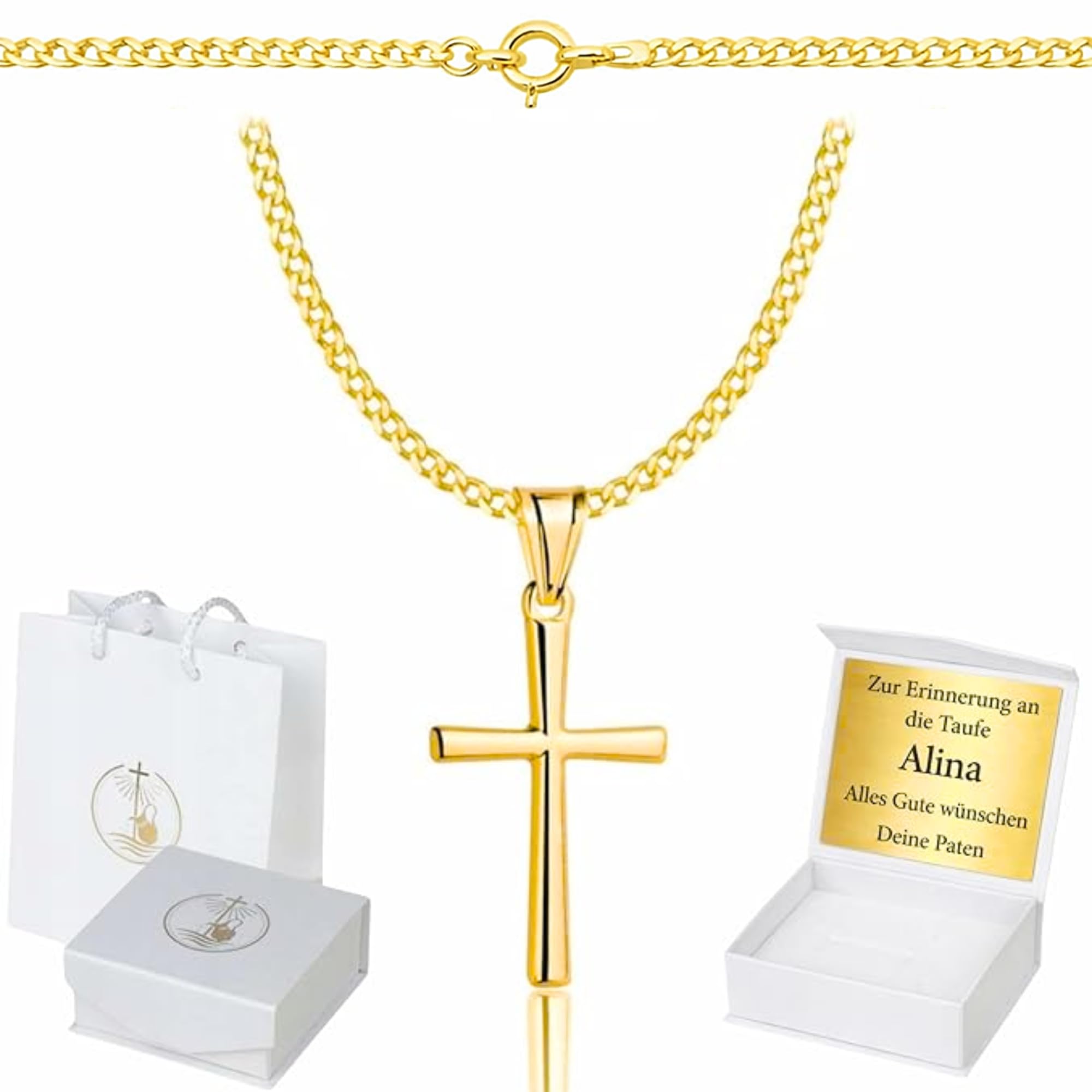 ZELYA Cadena de oro con cruz chapada en oro 925/585 de 14 quilates, cadena de eslabones para niñas y niños, cadena de comunión con cruz, cadena infantil para comunión y bautizo, caja de regalo con — view 6