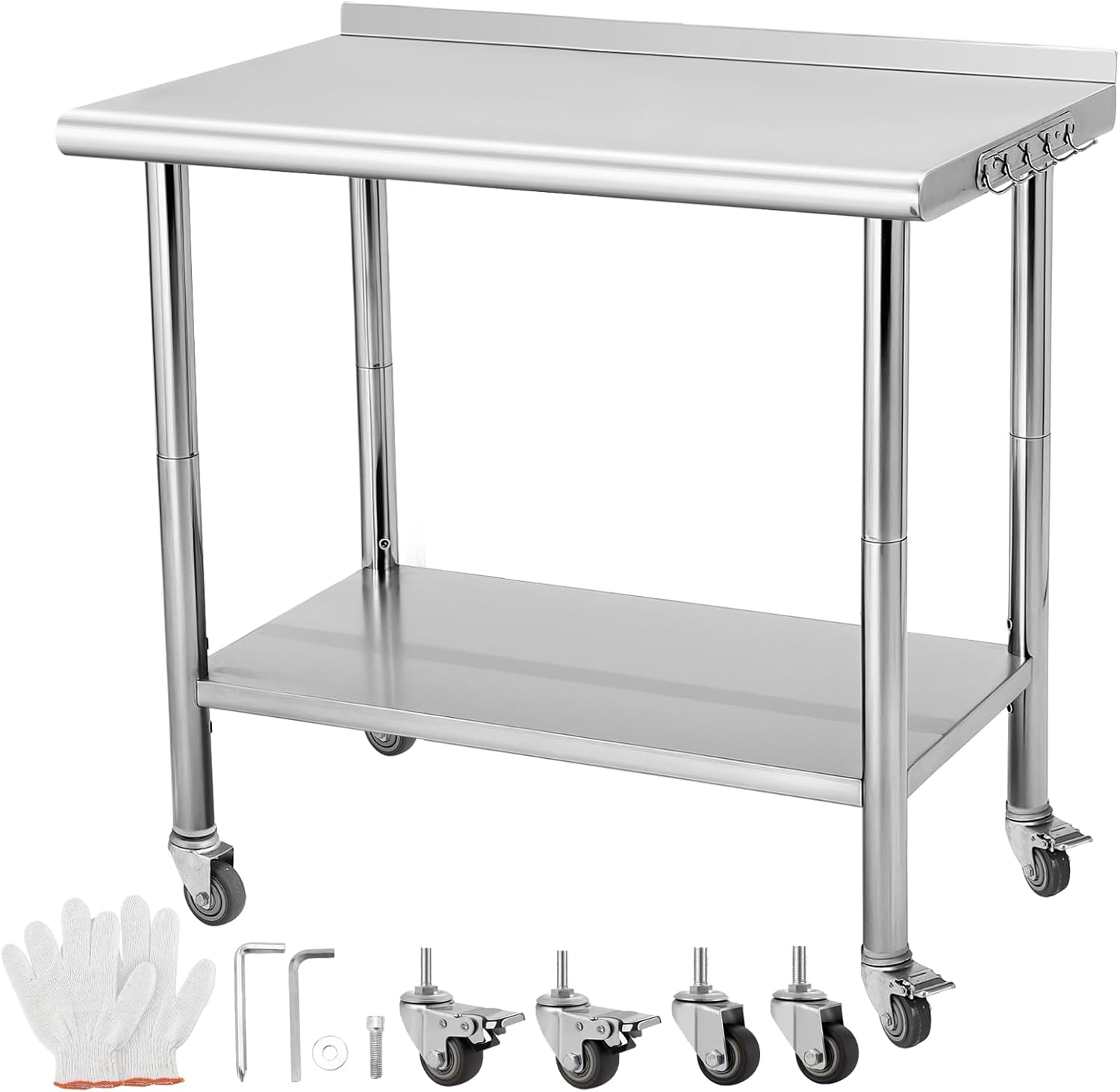 36"x24" NSF Stainless Steel Work Table with 4 Wheels & Hooks, 3-Stage Adjustable Shelf for Outdoor, Restaurants, Hotels, Workshops, Kitchens, Garages and Gardens