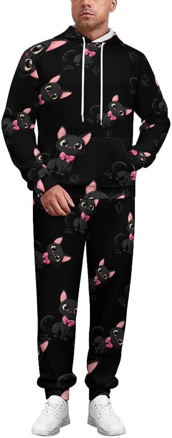 Black Cat Men's Hooded Set Casual 2 Pieces Suits Pullover Tracksuit Hoodies And Sweatpants