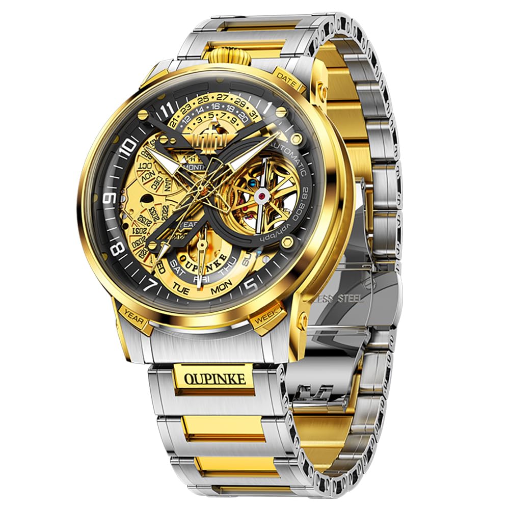 OLEVS Self Winding Watches for Men Automatic Mechanical Dress Tourbillon Stainless Steel Dual Calendar Waterproof Luminous Wrist Watch