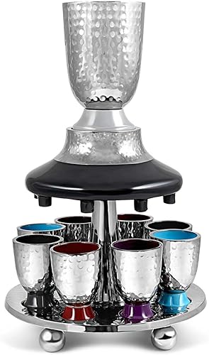 Miniatura 2 de Elegant Display Kidush Cup Juego de fuente de vino  Metal martillado con detalles de esmalte  Copa grande, 8 tazas de chupito para Shabat, Pascua,