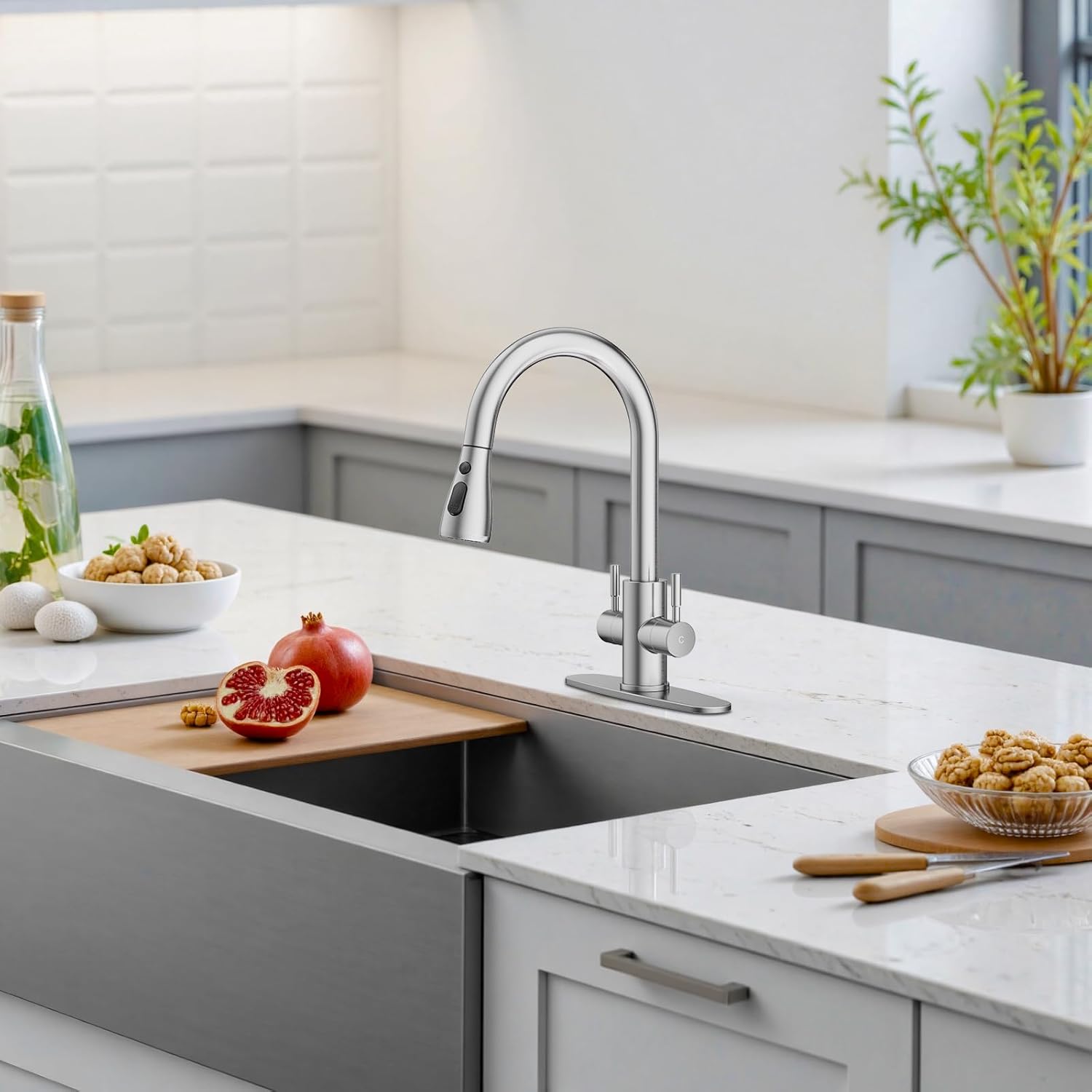 Hurran Kitchen Sink Faucet with Pull Down Sprayer, 2 Handles High Arc Stainless Steel Kitchen Faucet with Escutcheon, Suitable for Kitchens, RVs, and Bars, Brushed Nickel