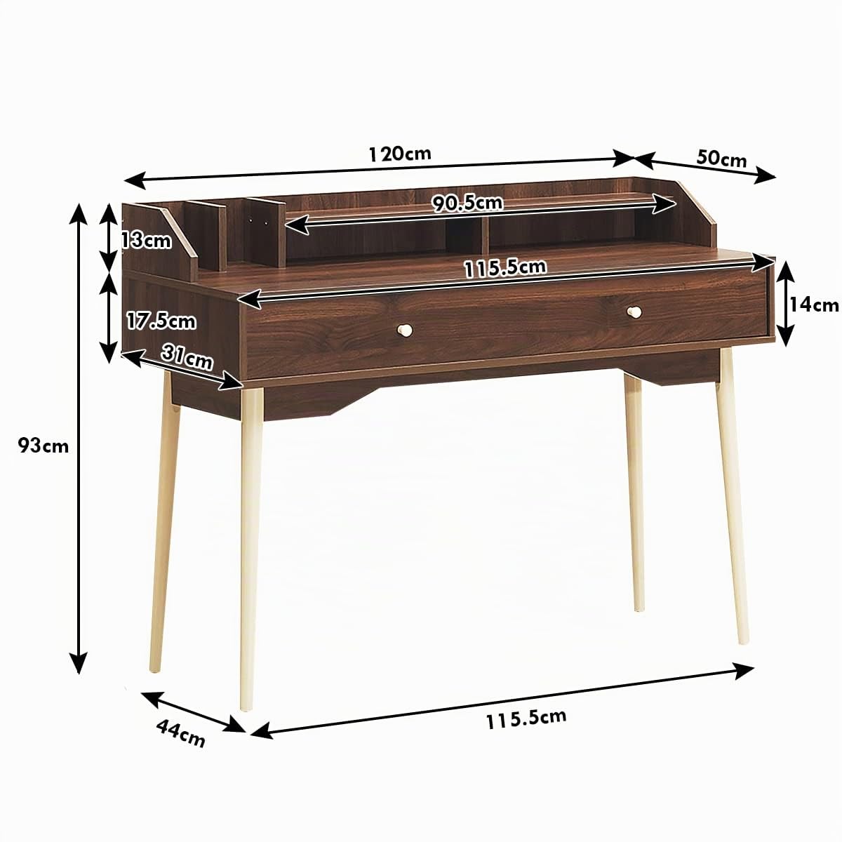 COSTWAY Escritorio de Computadora con Cajón, Escritorio de Oficina con Patas de Madera de Goma, Superficie Espaciosa, 2 Compartimientos, Dispositivo Antivuelco para Estudio Oficina (Marrón)