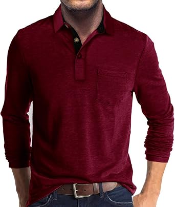 Mens Long Sleeve Polo Shirts Casual Collared Shirt with Pocket