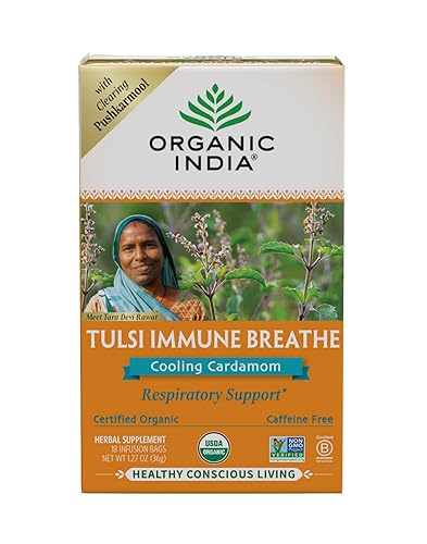 Organic India Tulsi Tea - Té orgánico de respiración inmune, sin cafeína, vegano, sin gluten, suplemento de hierbas sin transgénicos con Pushkarmool