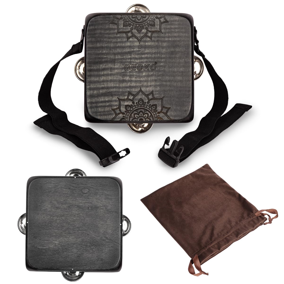 Tamburin Cajon Drum mit Schellen, tragbarer Gurt, Aufbewahrungstasche, Handheld Percussion Instrument, Portable Cajon für Rhythmusübungen & Live-Auftritte (Schwarz)