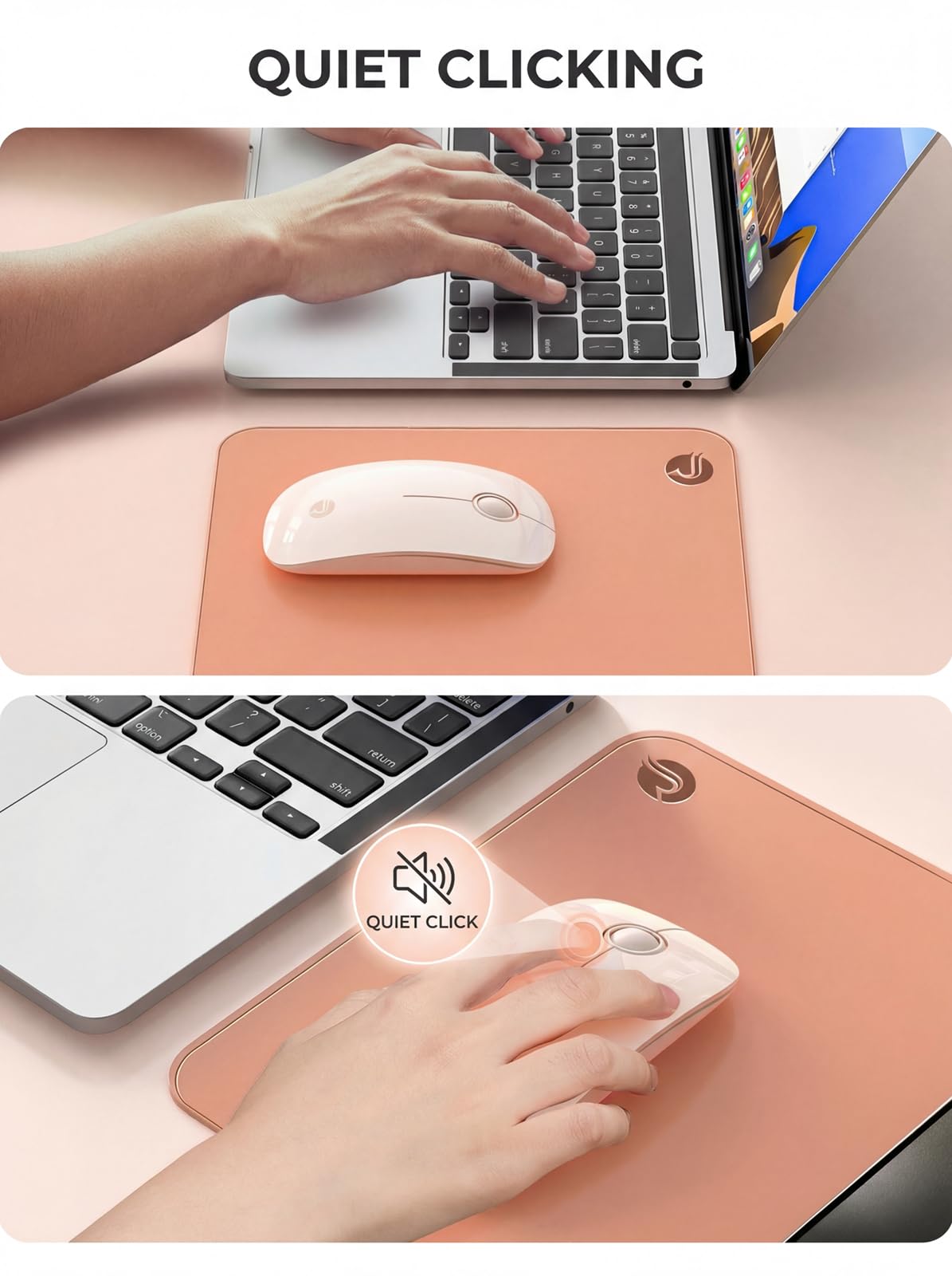 RAPIQUE R306 Pro Wireless Mouse, Dual Bluetooth e 2.4GHz, Collega fino a 3 dispositivi, Type-C ricaricabile, Silent Click, Design ergonomico simmetrico, per MacBook, laptop, tablet, tè al latte, rosa
