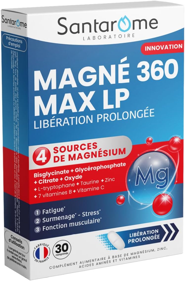Santarome – Magnesium 360 mg Max LP – Bisglycinate – 4 Magnesium Sources – Fatigue, Stress, Nervousness – Extended Release – 30 Tablets – Made in France