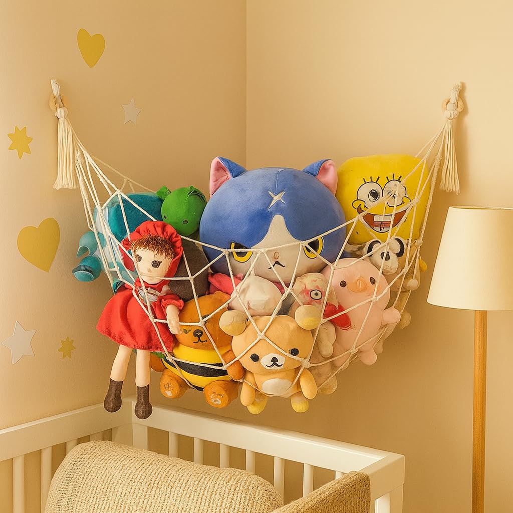 ecofynd Stuffed Animal Toy Hammock, Hanging Cotton Organizer Storage for Soft Toys, Boho Large Corner Plush Toys, Net Holder for Nursery Kids, Play Room, Bedroom, Kid Room (BH012)