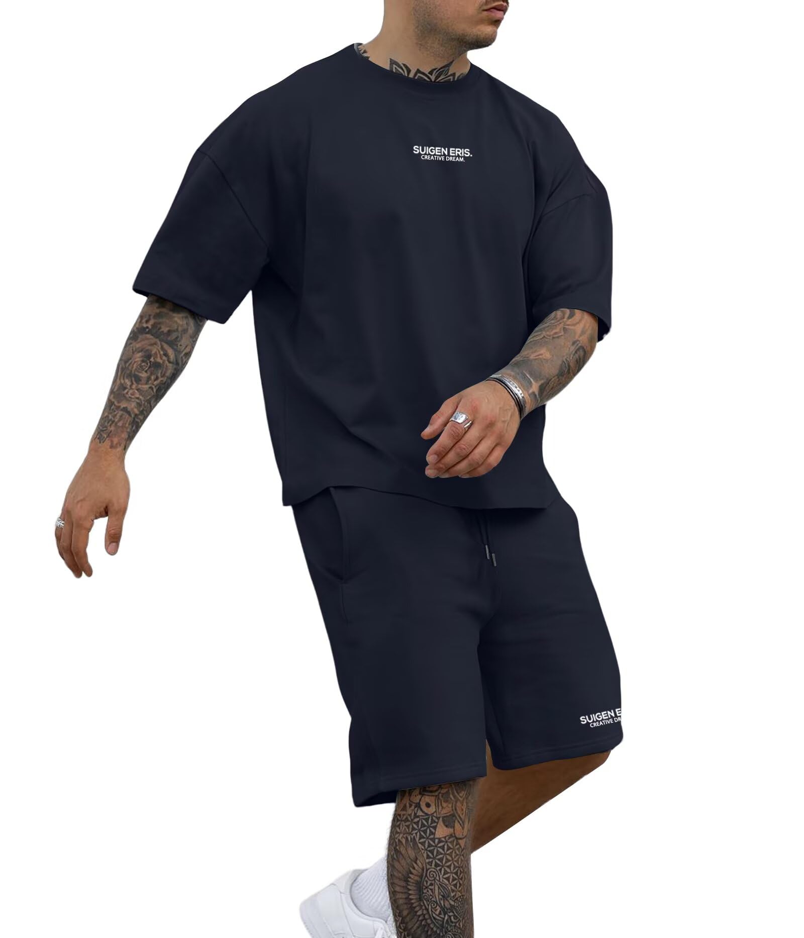 Epoleatries Men's 2 Piece Outfits Letter Drop Shoulder Oversize Tee Shirt Shorts Set Athletic Jogging Summer Tracksuit