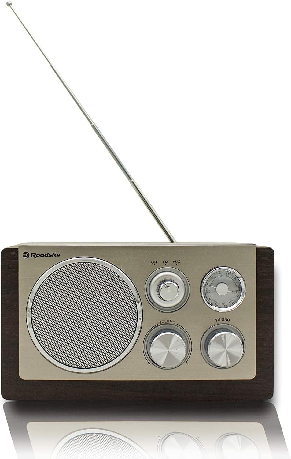Roadstar HRA1245NWD Radio Portable Analogique FM Vintage, Haut-Parleur 16W à 1 Voie, Radio Rétro Compacte pour la Maison et la Cuisine, Éclairage LED, Bois