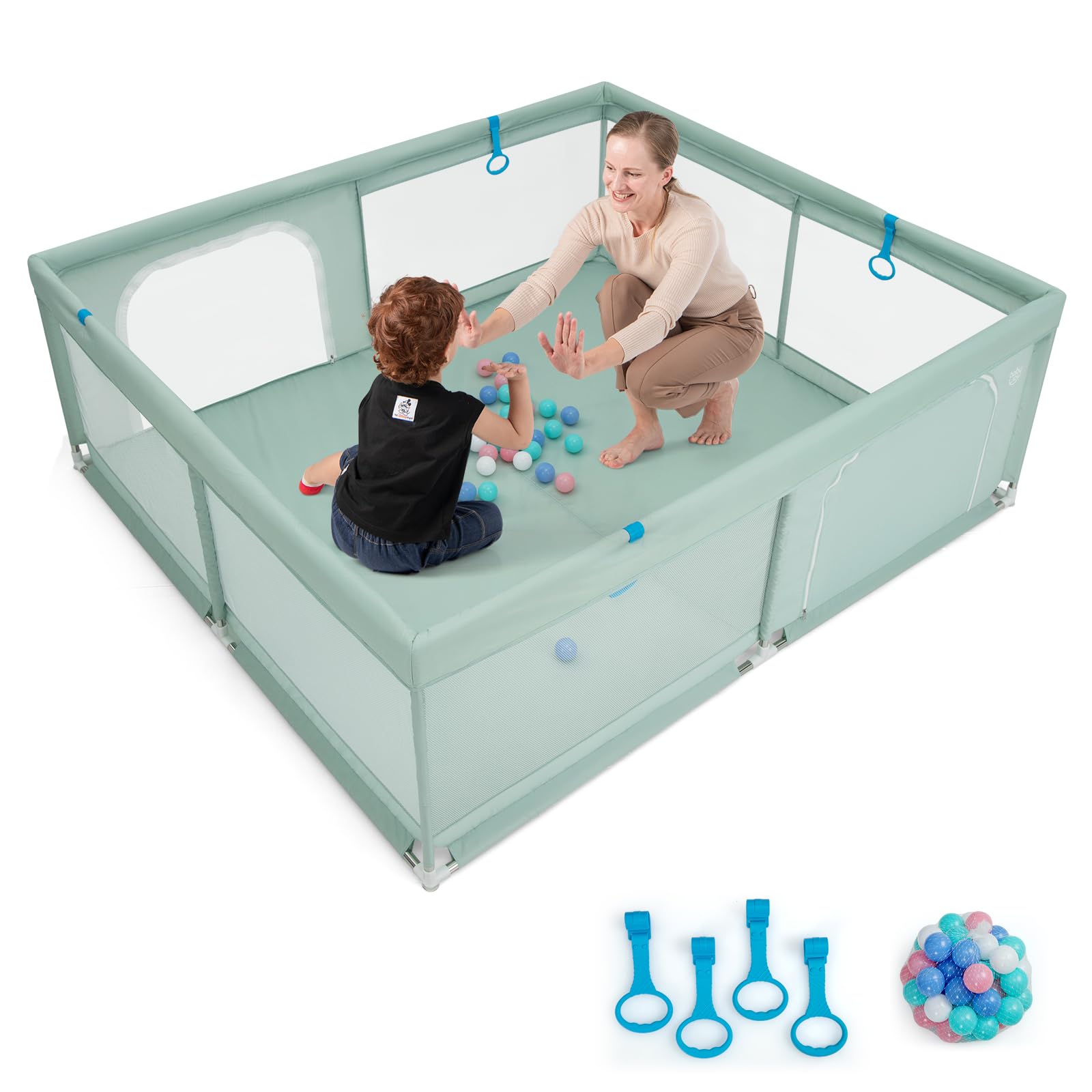 GOPLUS Kojec dla niemowląt 200 x 180 cm, kojec z materacem, 4 pierścienie pod ręce i 50 piłek do zabawy, kratka do raczkowania z oddychającą siatką, drzwi i zamek błyskawiczny dla niemowląt i małych
