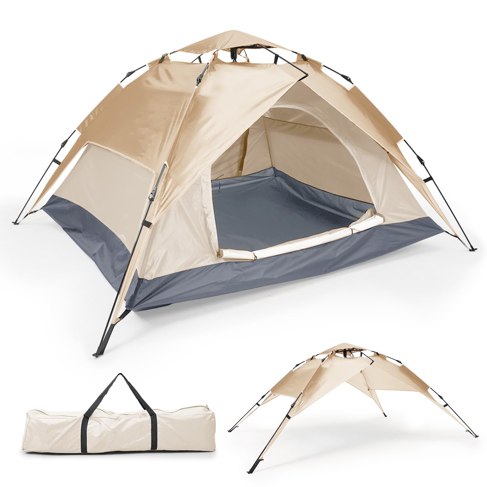 Warmiehomy Pop Up Tent, 2-3 Man Tent Double Layer Camping Tent Pop Up with Detachable Outer Fabric, Automatic Waterproof Dome Tent for Camping, Hiking, Backpacking, Picnic, Cream