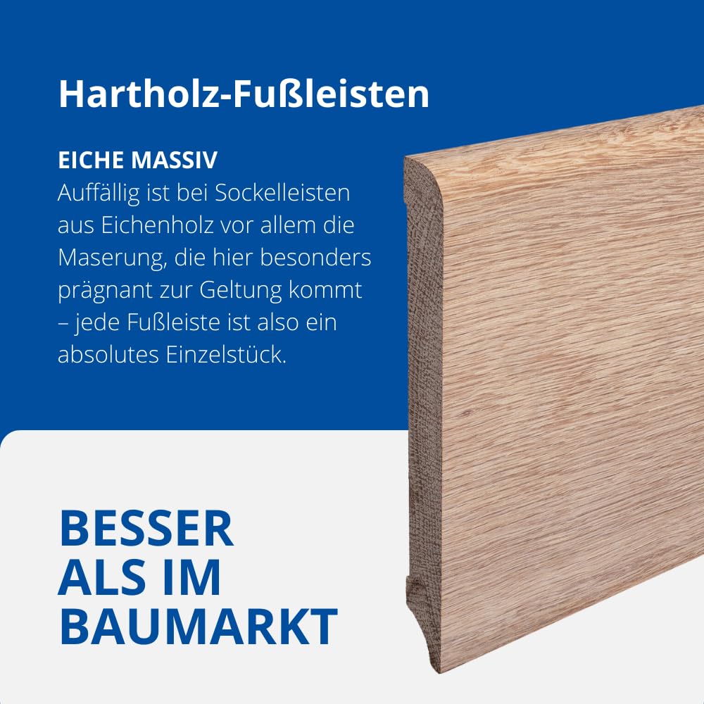 REESE | Massivholz Sockelleiste | Münchener Profil | Oberkante Rund | Eiche ROH | (150mm Höhe, 15 Stück / 34,5lfm)