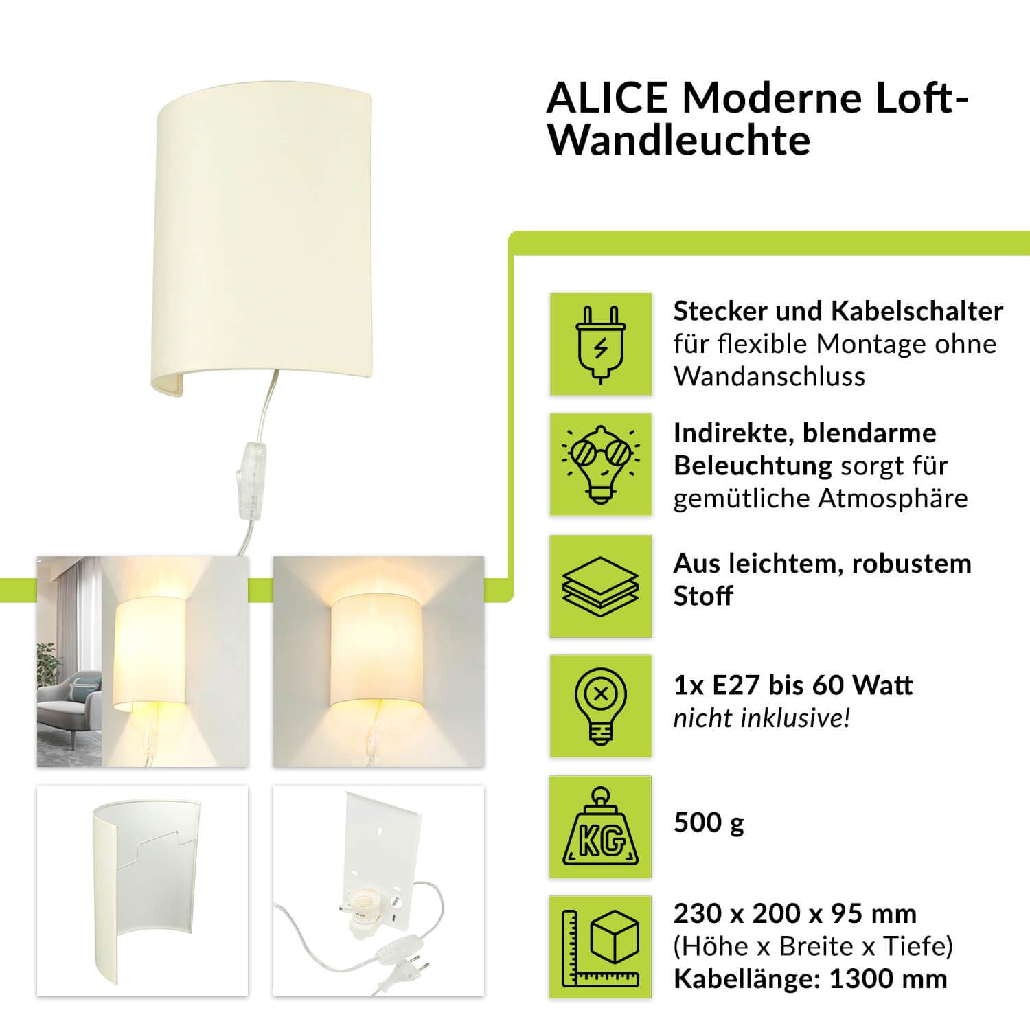 Licht-Erlebnisse Wandlampe mit Schalter und Stecker, Lampe Wand Innen, Wandleuchte Schlafzimmer, Creme, Stoff, B:20 cm, Up Down, indirekt, wohnlich, blendarm, Wandlampe Modern
