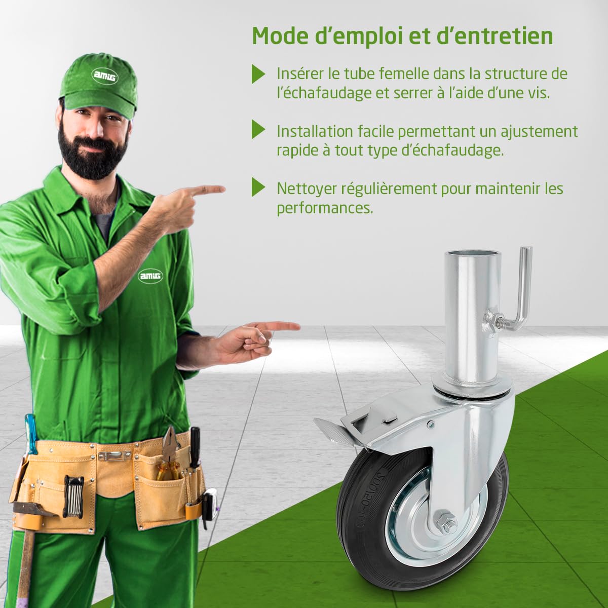 Amig - Roue Échafaudage Femelle | Avec Frein | Ø200 mm | Noyau Métallique et Bande de Caoutchouc | Roulements à Rouleaux | Spécialement Conçue pour une Utilisation Industrielle | Noir