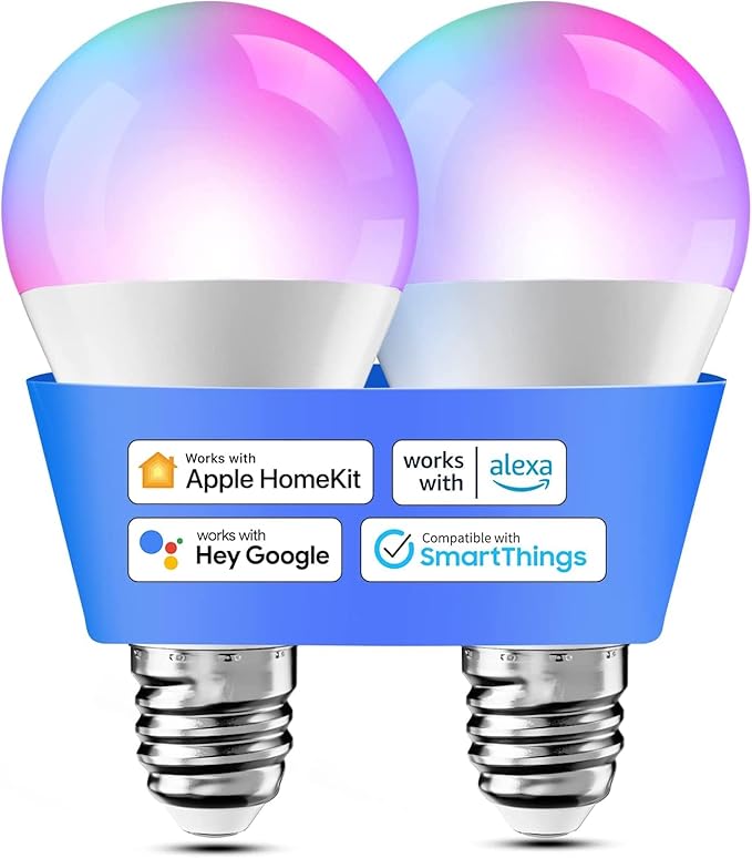 Meross Bombilla Inteligente Compatible con Apple HomeKit, Siri, Alexa, Google Home y SmartThings, Bombilla LED E27 Multicolor, RGBWW, 2700-6500K, Pack de 2