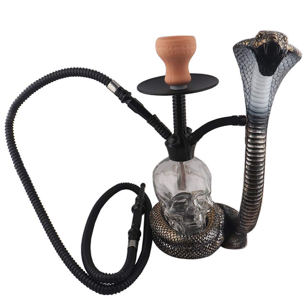 Juego completo de cachimba LED Shisha Kit completo de cuenco de arcilla de un solo tubo Kit en forma de cobra Gran humo Vidrio en forma de calavera con cuenco y tarro de silicona para narguile
