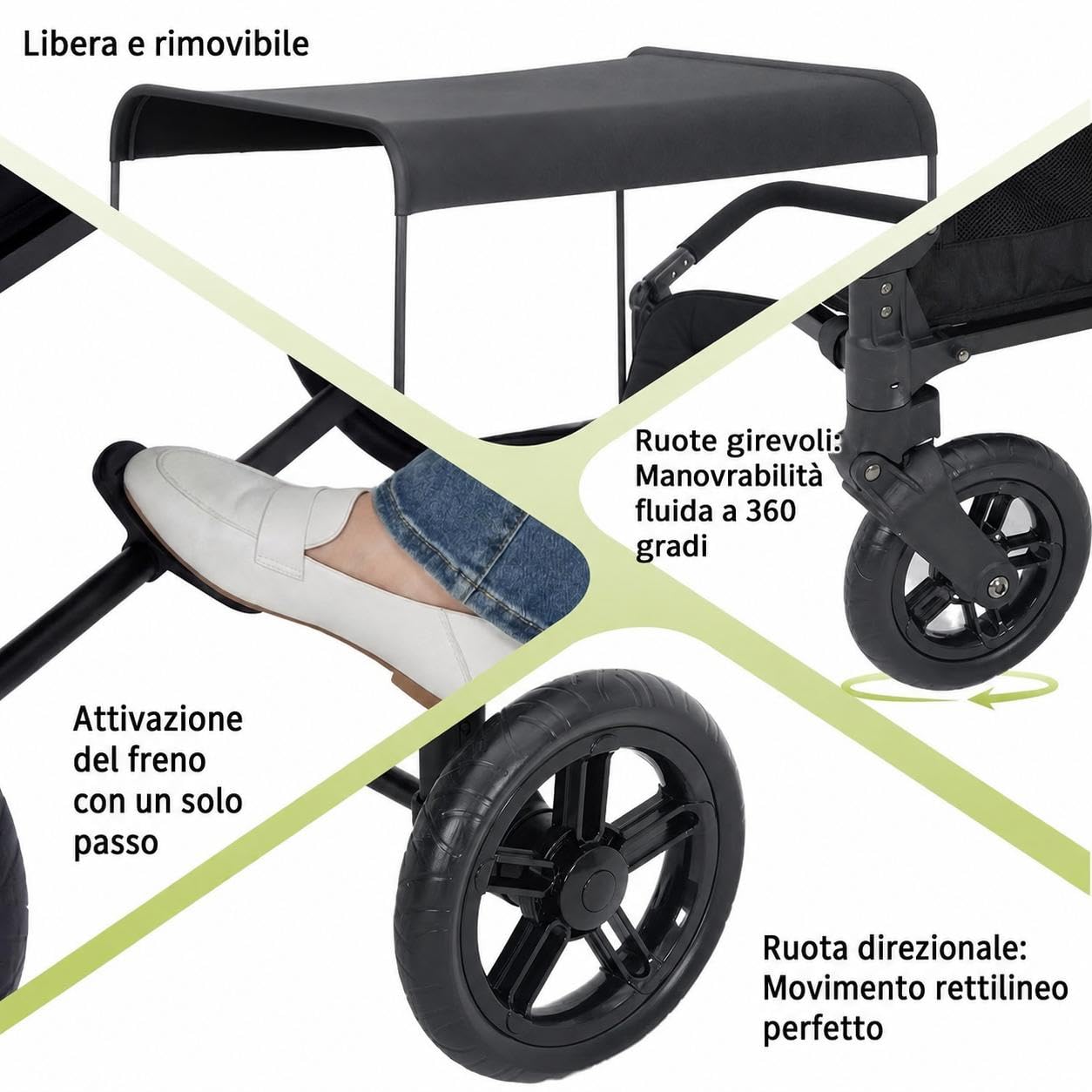 Passeggino a 4 Posti Per Bambini Pieghevole Tutto Terreno, Cappottina Regolabile, Maniglia Push & Pull, Vassoio Merenda, Imbracatura 5 Punti Di Sicurezza, Ruote Girevoli e Fisse, Spazio Ampio