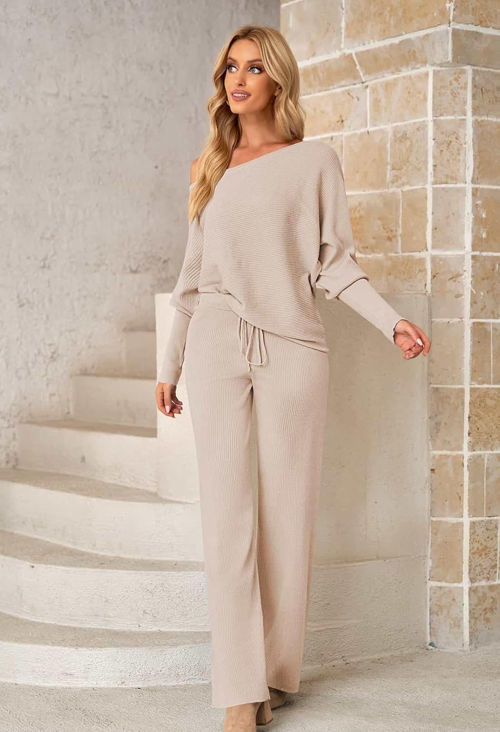 Fixmatti Womens Knitted Outfits 2 Pieces Sweatsuit Off the Shoulder Sweater Wide Leg Pant Set - Image 3