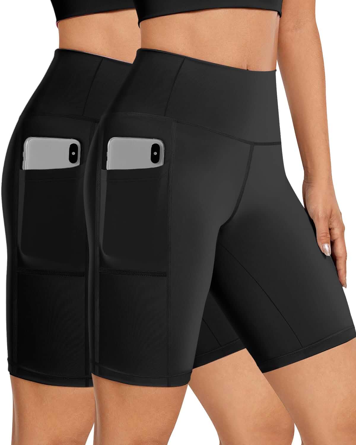 Buauty 2 Pack High Waisted Biker Shorts Women, 8 Inch Tummy Control Compression Shorts with Side Pocket for Yoga