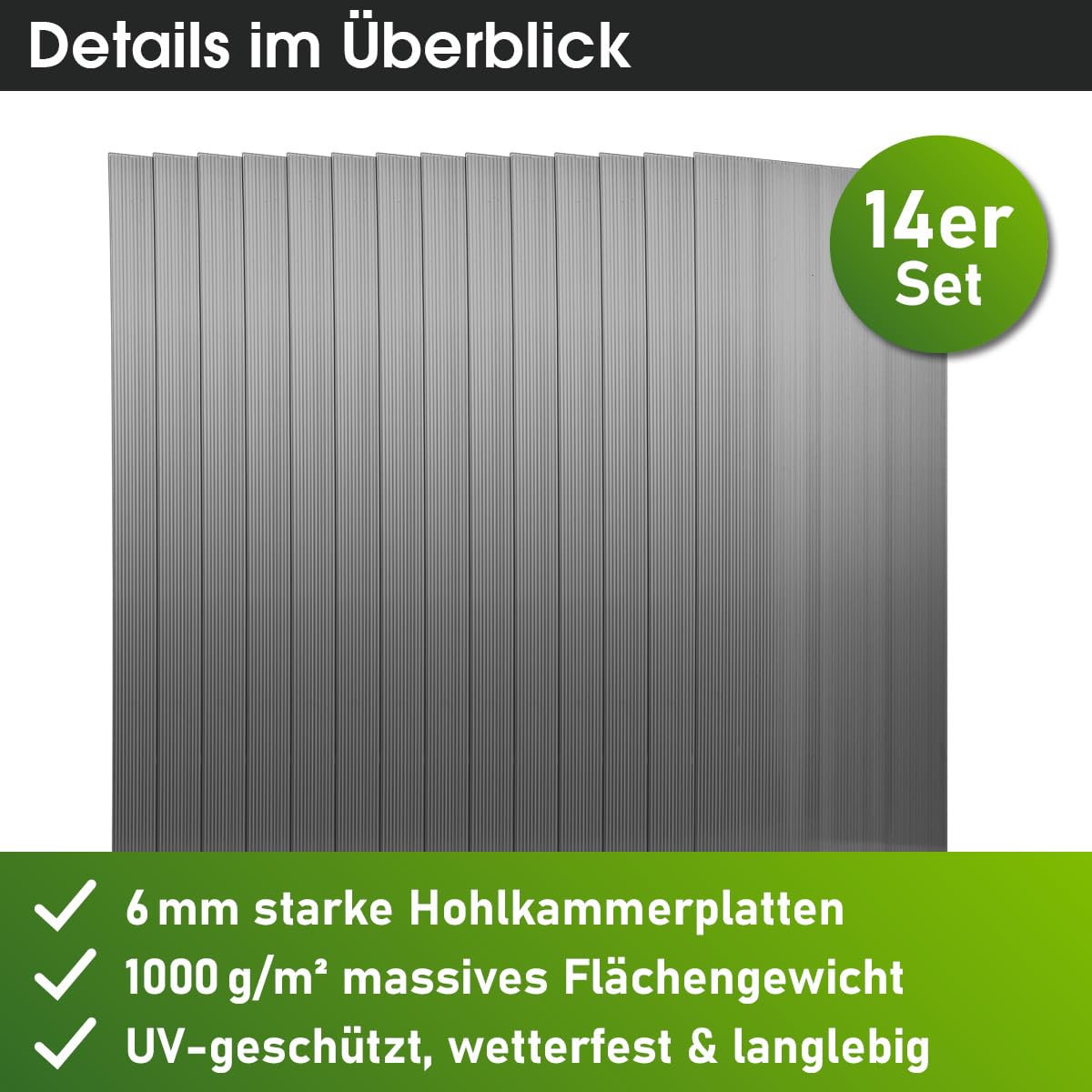 BRAST Doppelstegplatten Hohlkammerplatten 6mm | viele Varianten | Polycarbonat | 121x60.5cm - 150x60.5cm | UV-beständig bruchstabil & zuschneidbar | 121x60,5cm - 14er Set anthrazit