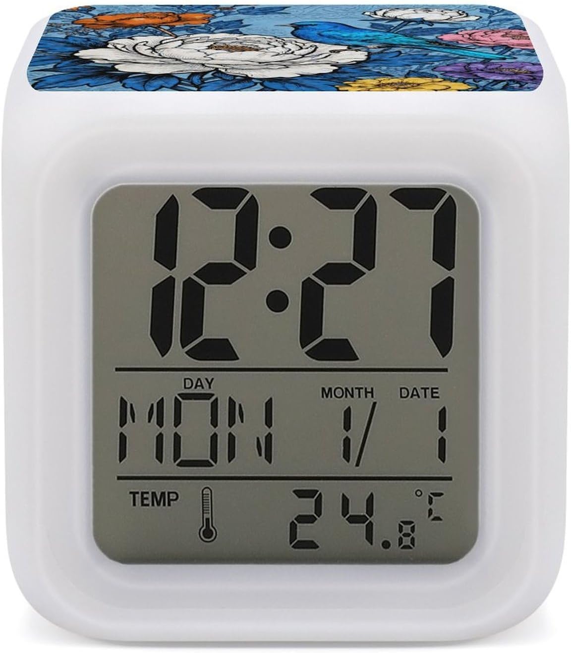 Alarm Clock Night Light for Bedroom Blue Bird and Flowers Smart Digital Alarm Clock with 7 Colorful Ambient Lights LED Display Clocks for Heavy Sleepers, Travel, Aesthetic Room Decor Gift