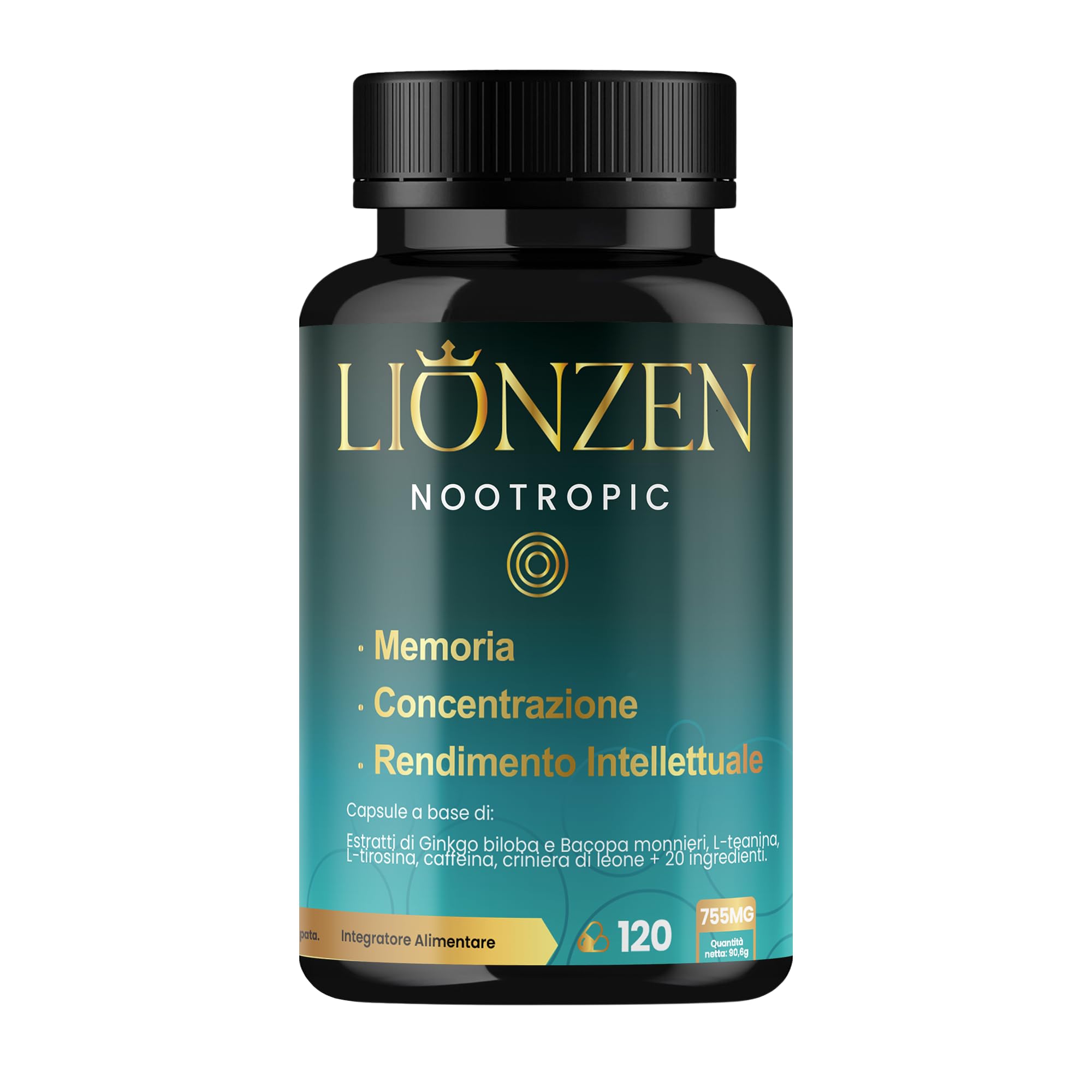 Nootropico concentrato Memoria e Concentrazione | +23 ingredienti naturali: Bacopa, Ginkgo Biloba, Caffeina, Hericium Erinaceus, Vitamine, Magnesio, L-Tirosina, Ashwagandha, Ginseng