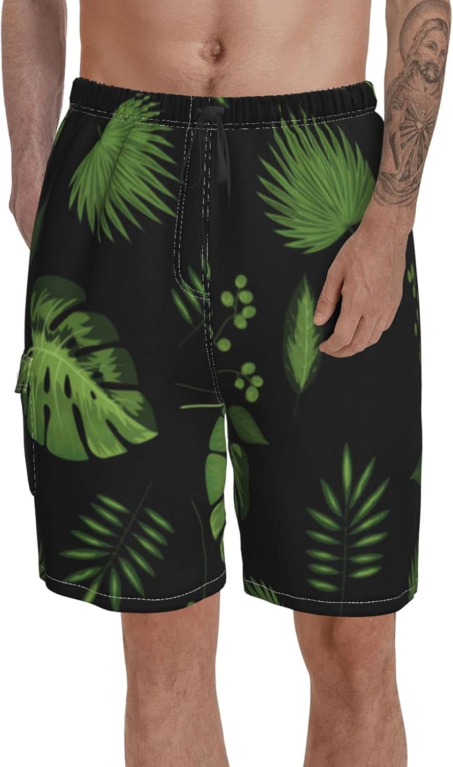 Tropica Flower Palm Leaves Swim Trunks Knee Length Boardshort Stretch
