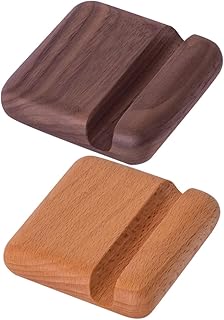 2pcs Wooden Cell Phone Stand Desktop Holder Set for Smartphones, Walnut and Beech Wood Craft, 8x8x2cm Rounded Edge Phone Mounts for Home and Office Use