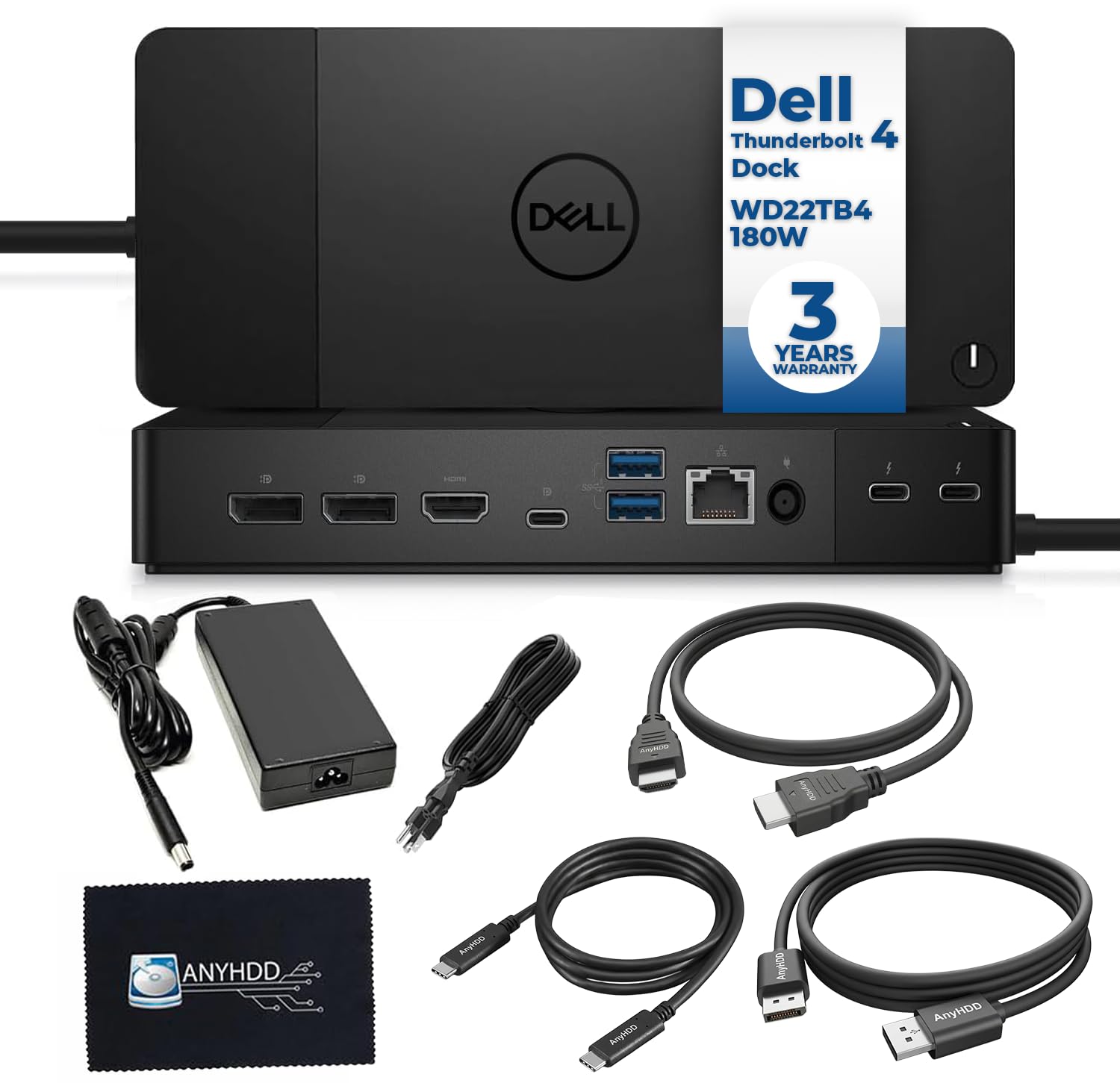Dell WD22TB4 Thunderbolt 4 Dock Bundle - 40Gbps USB-C/USB-A, 1 ano