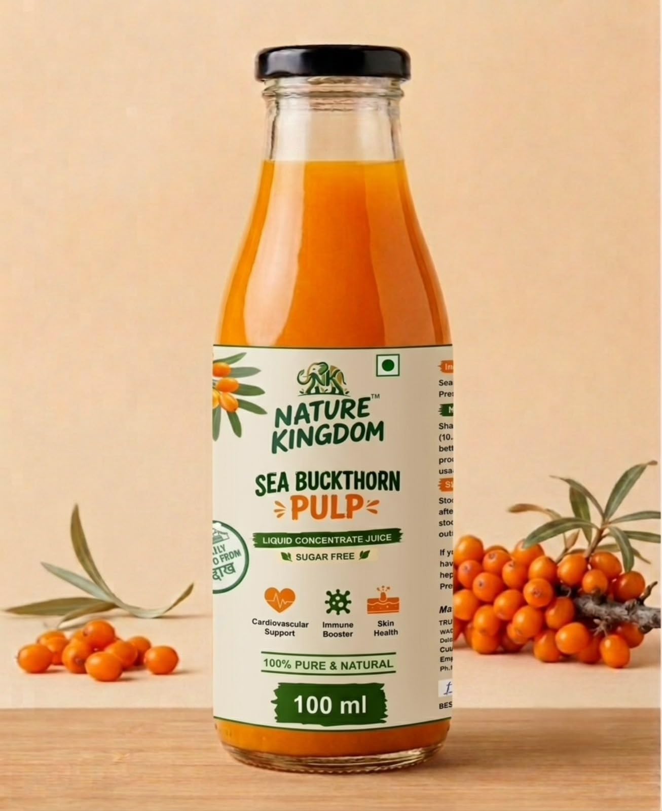 Nature Kingdom Pure 100ml Himalayan Sea Buckthorn Berry Pulp, Natural Source of Vitamin C, Omega 3 6 7 9, Antioxidants For Immunity, Skin Glow & Gut Health, Herbal Juice Seabuckthorn Supplement, Tested-image-43