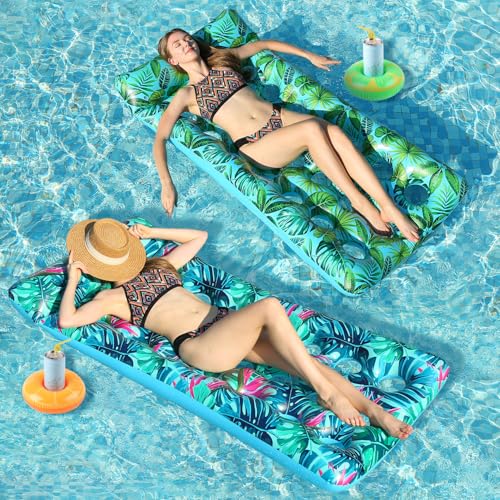 2 Pack Inflatable Pool Floats Adult Heavy Duty Pool Lounger Float Pool Rafts with Headrest Drink Holder Lake Floats Tanning Pool Lounger for Swimming...