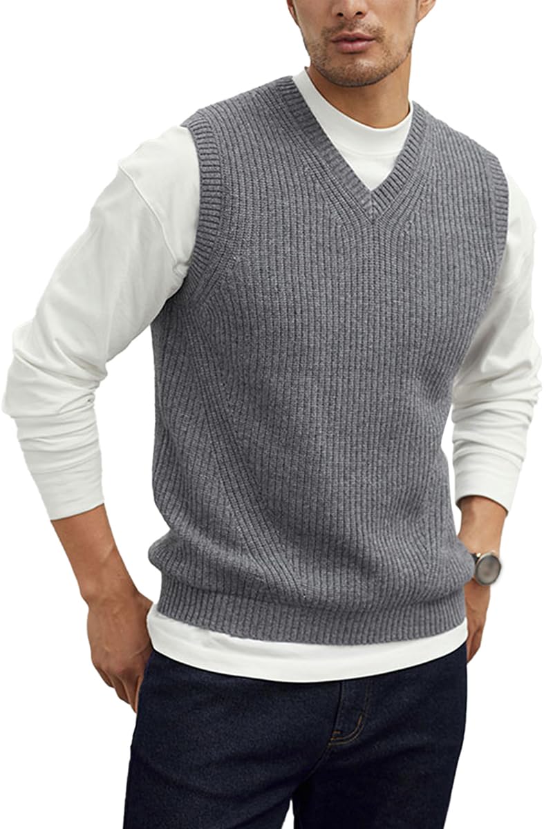 Maglia a V-Collo lavorato a Maglia da Uomo Plain Senza Maniche Pullover Knitwear Loose Fit All Match Tops