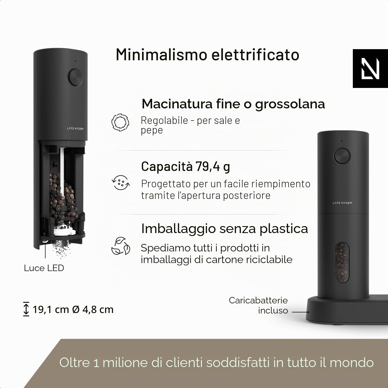 LARS NYSØM Set macinini elettrici sale e pepe | Automatici con macinino in ceramica regolabile | Set per spezie elettrico ricaricabile via USB (Carbon Black)