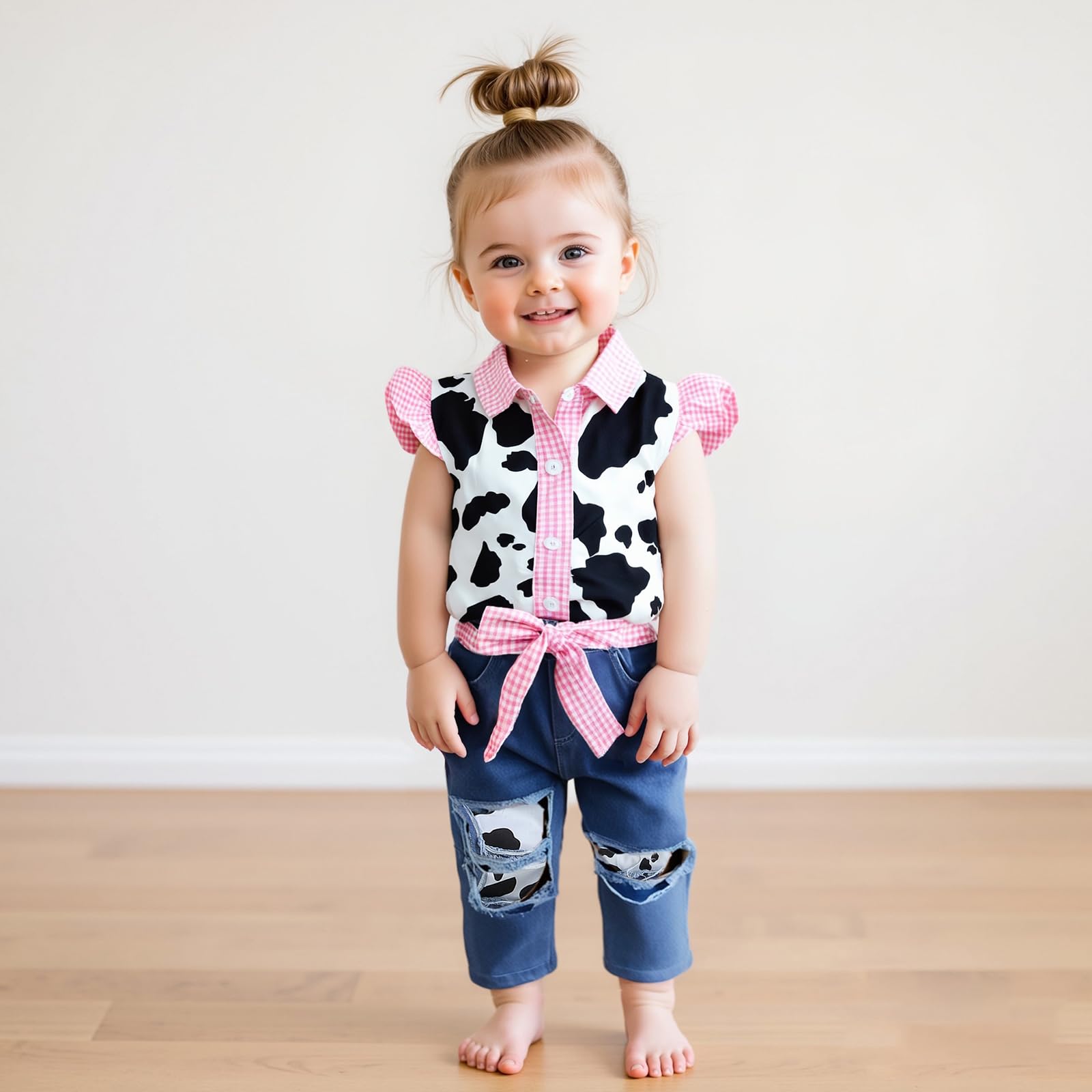 Emmababy Western Toddler Denim Outfit Cow Print Plaid Shirt Ruffle Sleeve Button Down Tops Ripped Jeans Baby Girl Pants Set (Pink, 2-3T)