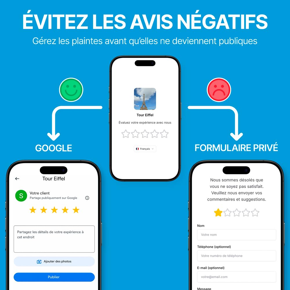 Pack Plaque NFC & QR pour avis Google (française) + 2 cartes NFC | Application IA de réponse aux avis incluse