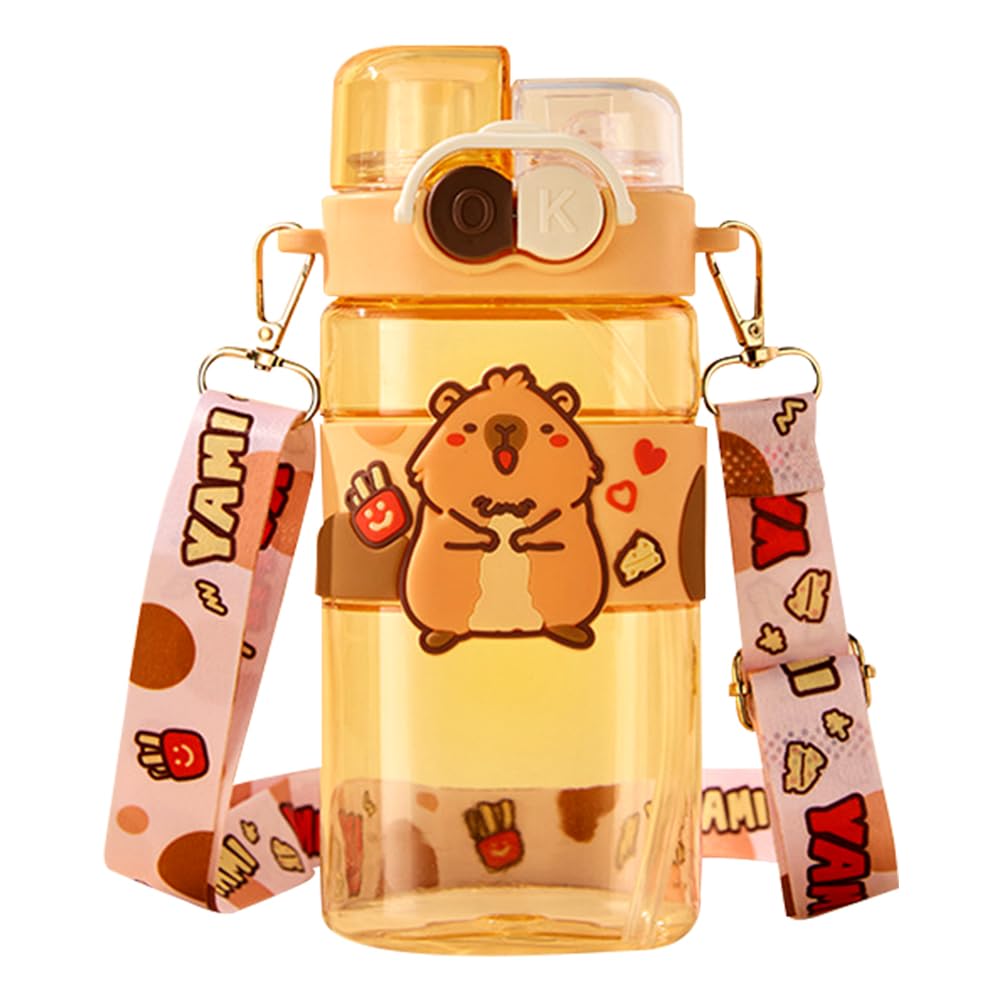 WFKKMEQ Capybara Water Bottle with Straw, Capybara Drinking Bottle Water Bottle Bottles with Straw and Adjustable Strap Double Drinking Leakproof Sports Bottles for Travel School (520ML) Accessories