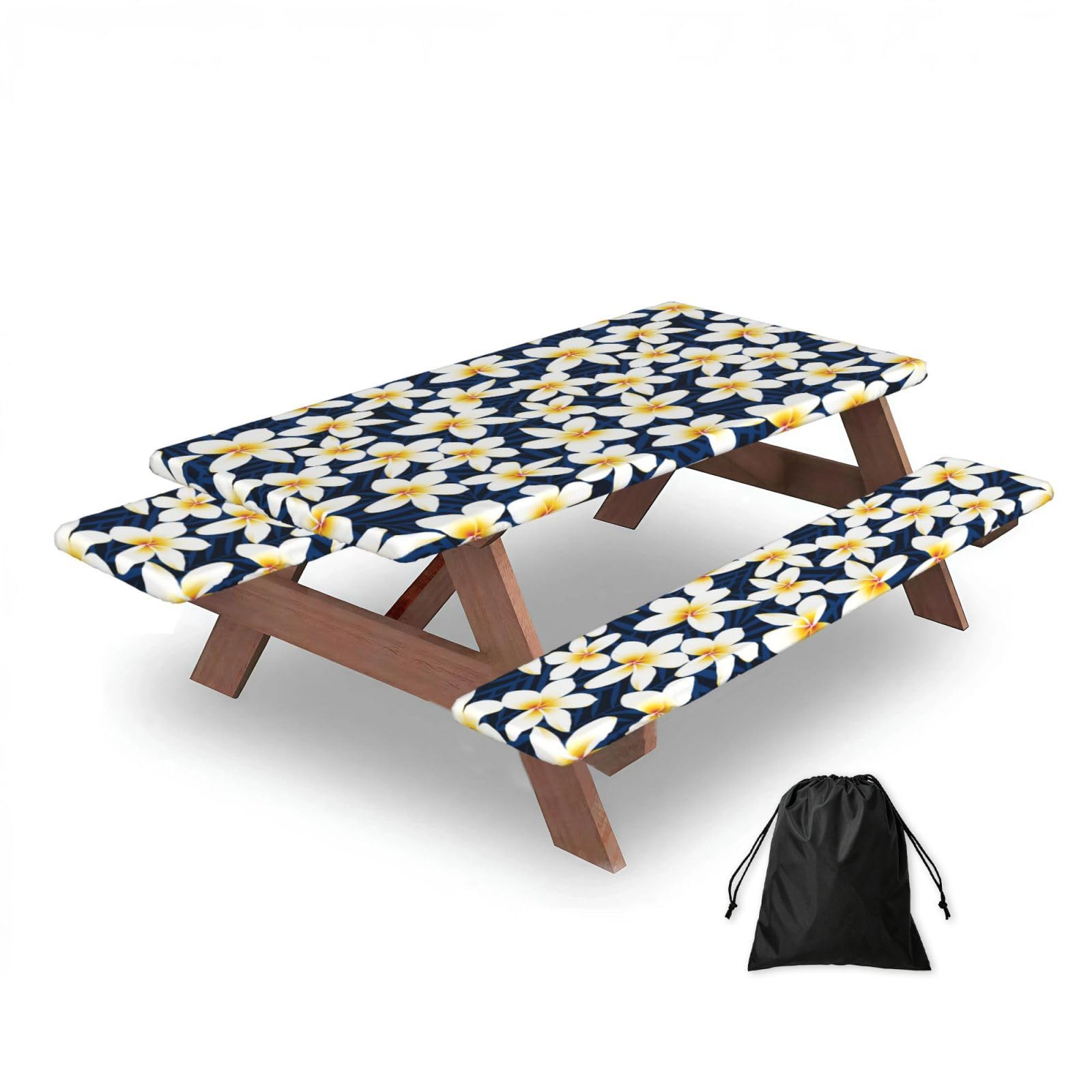 Dopklna As Picture Print Tropical White Frangipani Plumeria Flower, Picnic Table Cover With Bench Covers -Waterproof Elastic Fitted Tablecloth For Garden Camping Patio 76X152cm