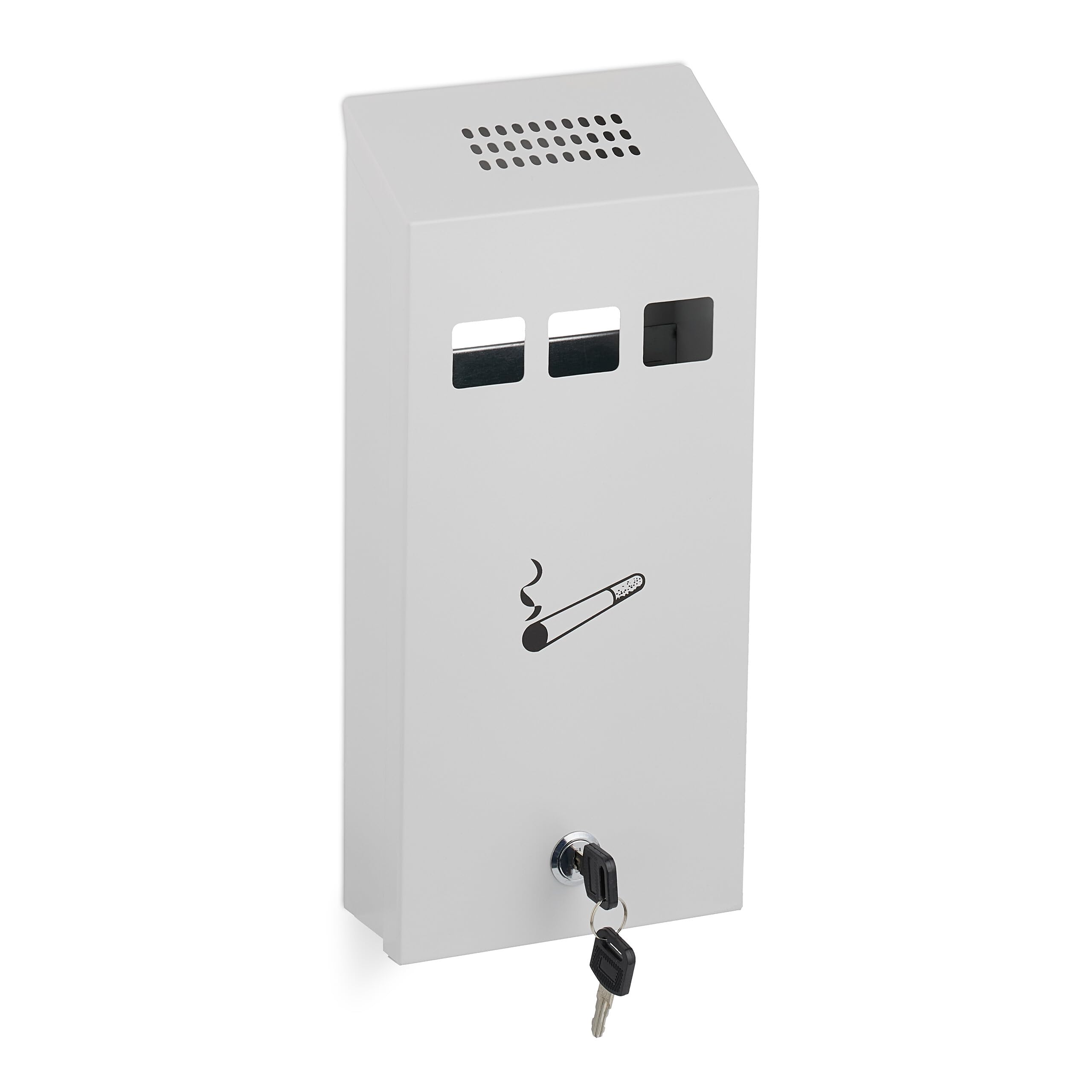 Relaxdays Wall-Mounted Ashtray for Outside, Weatherproof, Lockable, with Mounting Material, HWD: 32.5 x 15 x 6 cm, White