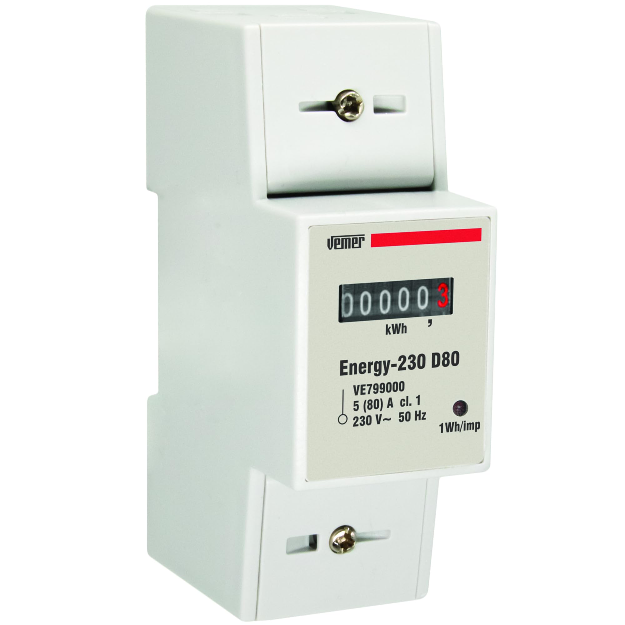 VEMER VE799000 ENERGY 230 D80 - Contador de Energía Monofásico 80A para Carril DIN 2 Módulos, Medidor de Consumo Eléctrico 230V, Medición de Electricidad para Uso Doméstico e Industrial, Blanco