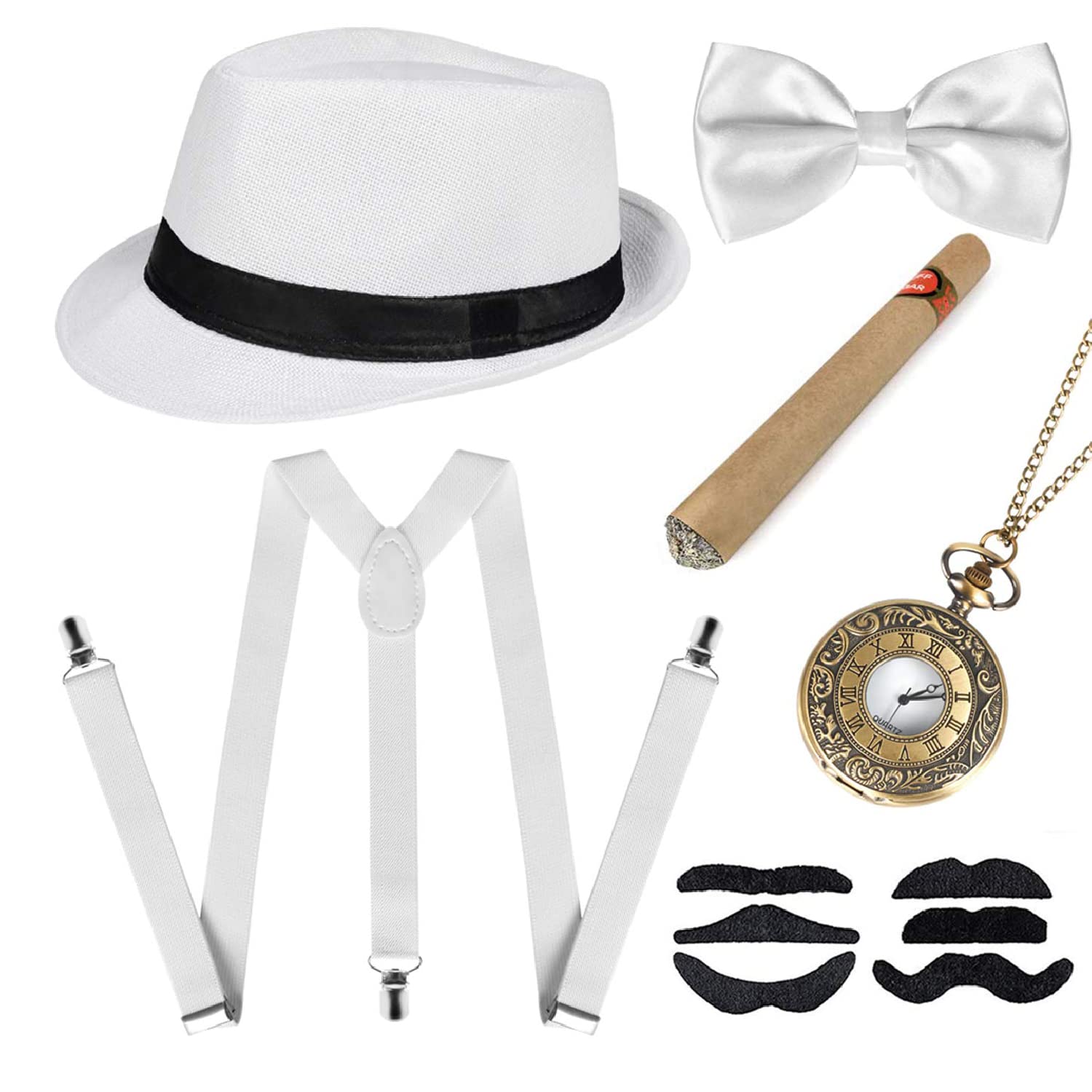 DWTECH1920s Gatsby Accessories for Mens,20s Men Fancy Dress Accessories with Panama Hat Bow Tie Elastic Suspenders Vintage Pocket Watch and Moustaches,Great Gatsby Costume Cosplay Set (White)