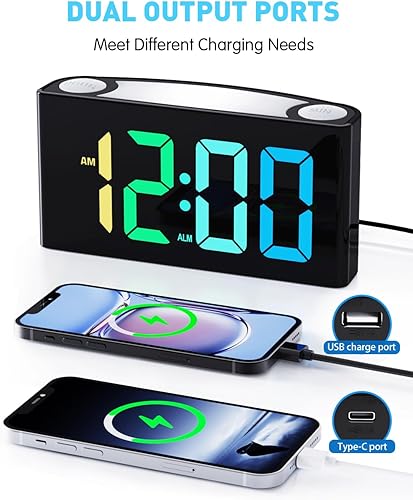 Miniatura 5 de PPLEE RGB Digital Clock-Alarm Clocks for Bedrooms,Large Bold Number 7 Dimmers,Battery Backup Loud Alarm Clock,8 Modes Night Light,Dual Charger