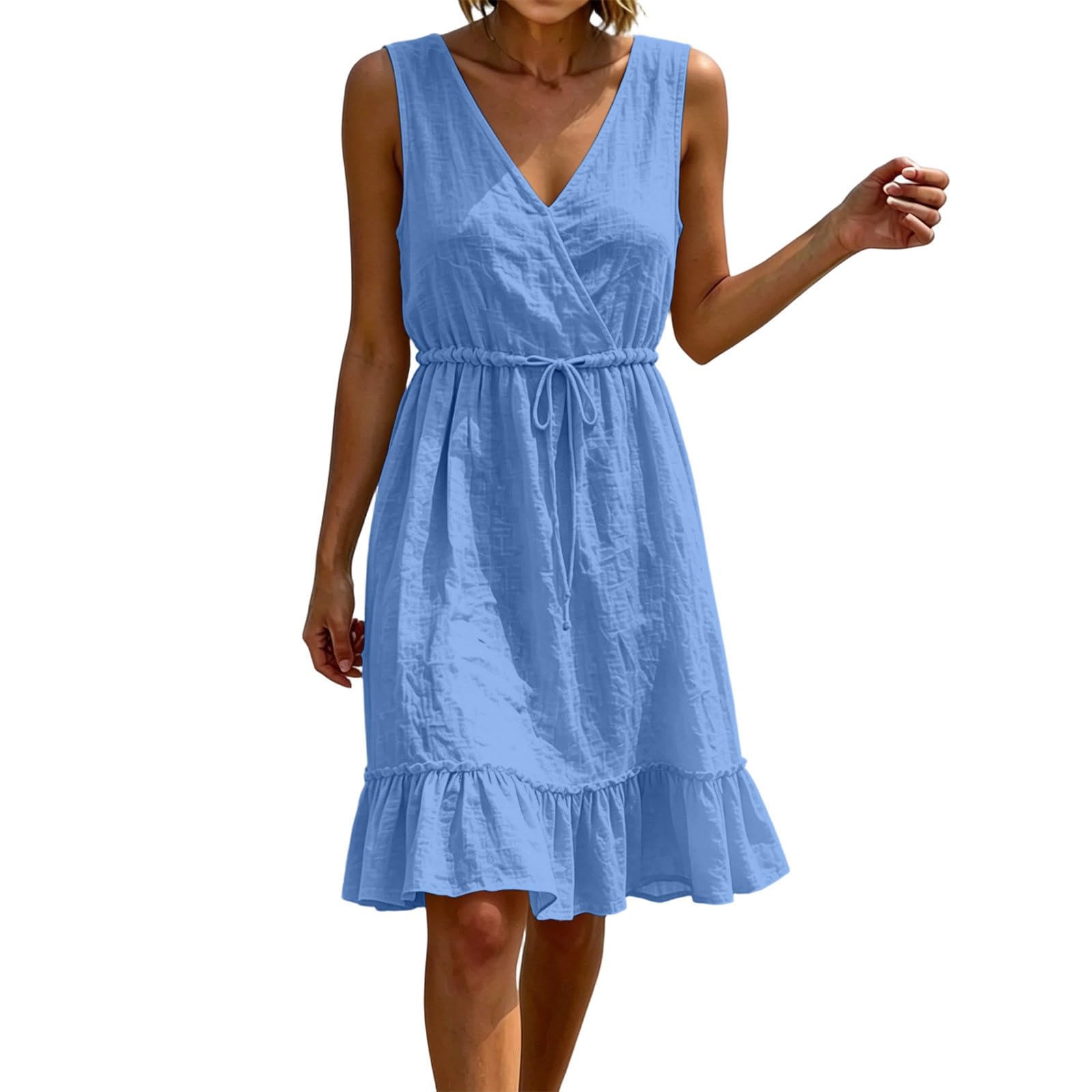 Musselin Kleid Damen, Kurz Leinenkleider Midikleid Strandkleid Luftig Kleider Mit Rüschen Saum Taillenband Ärmellose V-Ausschnitt Trägerkleid Freizeitkleid A Linien Wickelkleid Leichtes Sommerkleid