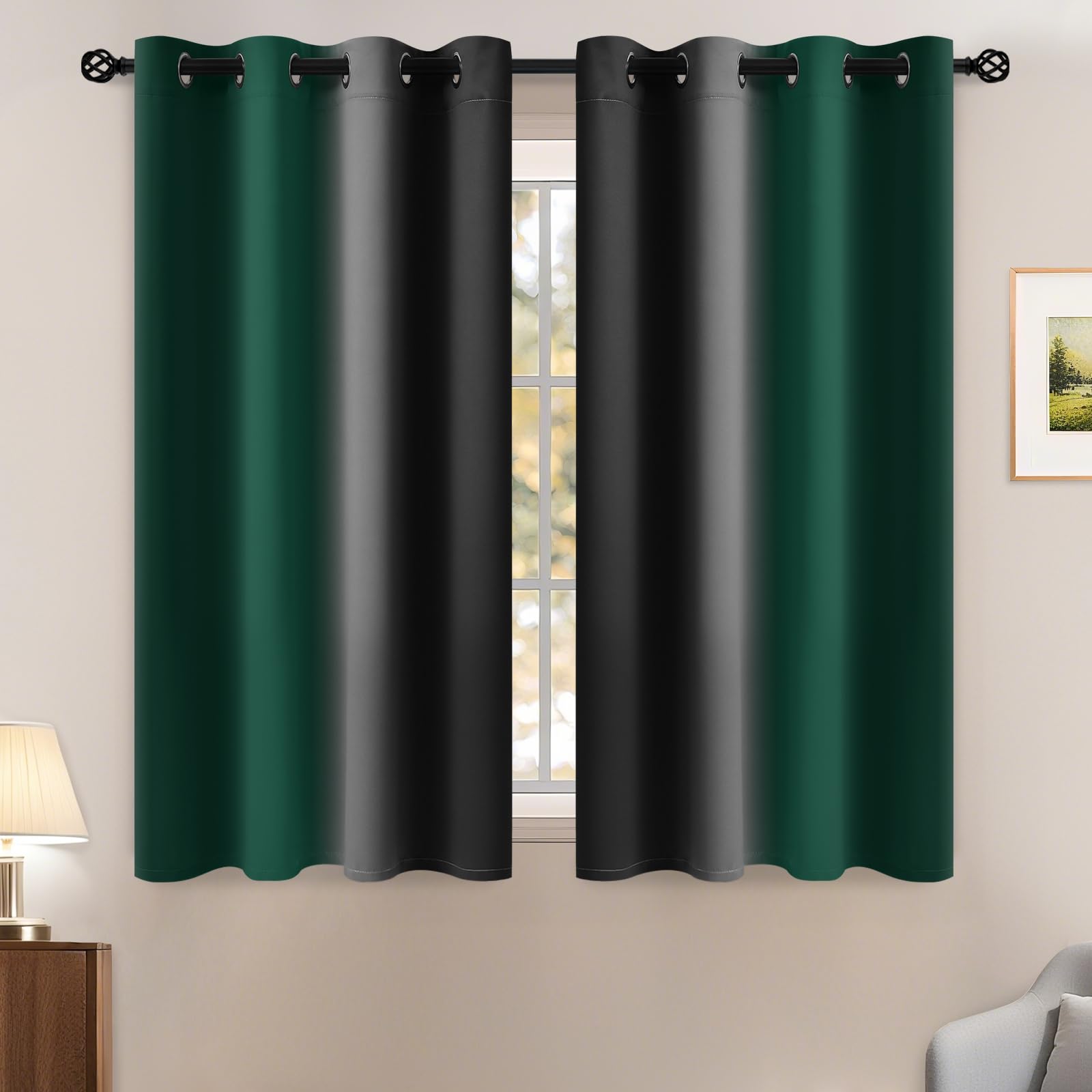 Yakamok Blackout Ombre Dark Green and Black Curtains-Gradient Room Darkening Curtain, Grommet Thermal Insulated Light Blocking Window Drapes Curtain for Living Room Bedroom,52 x 54 Inch,2 Panels โ image 1