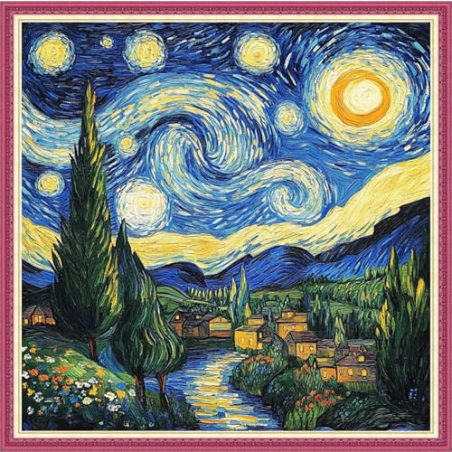 Image of Fanxvivy Stamped Cross Stitch Kits for Beginners Full Range of Cross Stitching Preprinted Embroidery Kits for Adults, 11CT Embroidery Pattern Needlepoint Kits-Van Gogh's Star River 18x18 inch